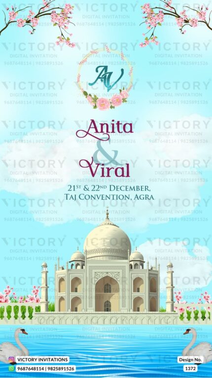 Glorious Pastel Blue and Pink Taj Mahal Theme Indian Digital Wedding Invitations, Design no. 1372