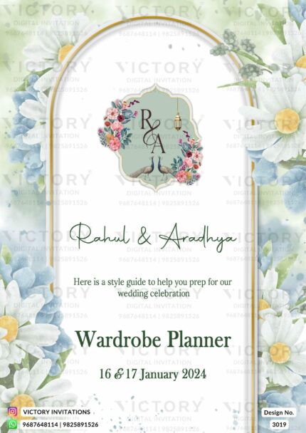 "A Mesmerizing Wardrobe Planner Unveiling the Splendor of White Smoke and Beryl Green Backdrop, Vibrant Couple Doodles, and Resplendent Floral Elements" Design no. 3019