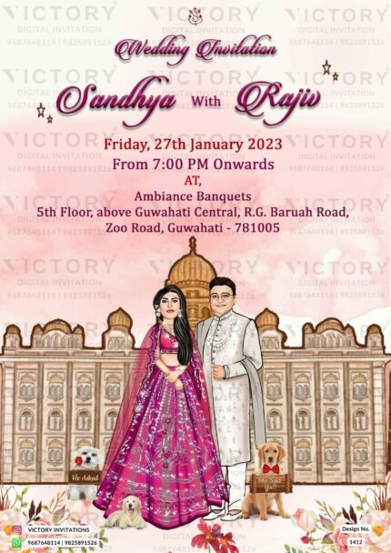 Water-colored Blush Pink and Blue Traditional Whimsical Theme Indian Wedding E-invites with Couple Caricature and Indian Wedding Doodle design no. 1412