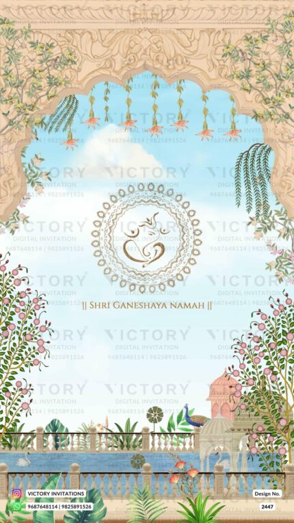 An Arch-Designed Digital Wedding Invitation with a Serene Sky-Blue Backdrop, a Delightful Caricature of the Couple, and Exquisite Floral and Leaf Patterns, design no.2447