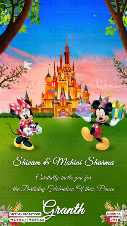 Vibrant Blue and Green Whimsical Disney Theme Indian Digital Birthday Celebration Invitation Cards, Design no. 2995