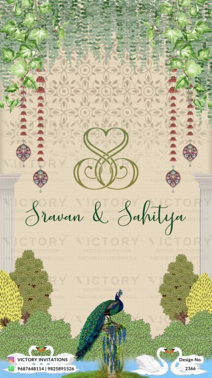 Stunning Vintage-Themed Digital Wedding Invitations with Watercolor Poppy, Peacock, and Swan Motifs for an Indian Wedding Celebration, Design no. 2366