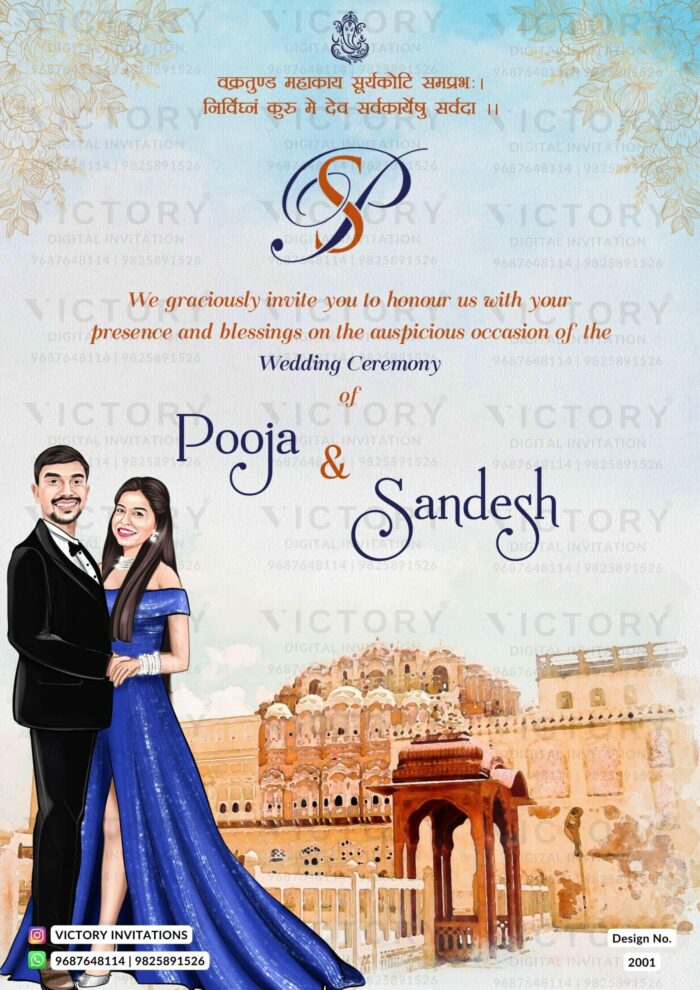 "A Dazzling Destination Theme Wedding Invitation Card Featuring Mesmerizing Watercolor Illustrations, a Unique Couple Logo, and an Auspicious Ganesha Symbol - Perfect for Two State Weddings and Delightful Caricature Illustrations of the Couple!" Design no. 2001