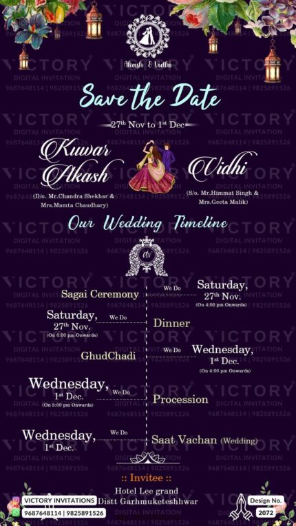 "Capturing the Essence of a Special Occasion: A Hindu Wedding Timeline Card with Traditional Doodles, Elegant Lavender Background, and Exquisite Floral Border" Design no. 2072