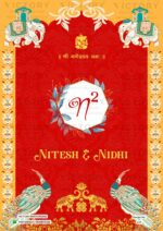 A Vibrant Wedding Invitation with Red Backdrop, Ganesha Motif, Intricate Arch Design, and stunning Couple Doodles, design no.521
