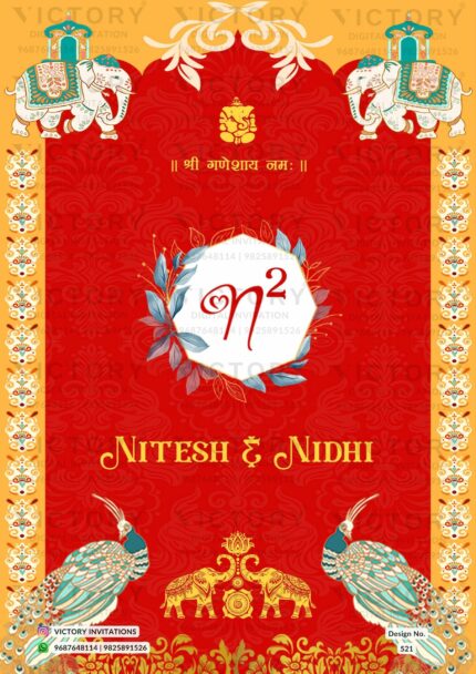 A Vibrant Wedding Invitation with Red Backdrop, Ganesha Motif, Intricate Arch Design, and stunning Couple Doodles, design no.521