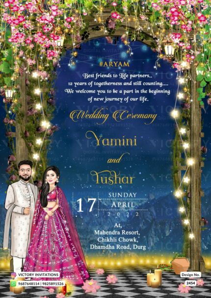 Glittery couple caricature invitation card for wedding ceremony of hindu North indian family in english language with Mountain night design 2454