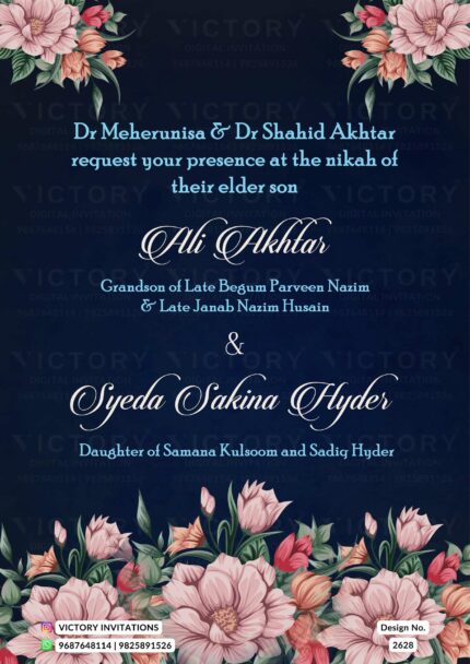 "Enchanting Botanical Blooms on a Smoky Texture Background for a Digital Nikah Ceremony Invitation in Midnight Blue Hue, Encased in a Golden Frame" Design no. 2628