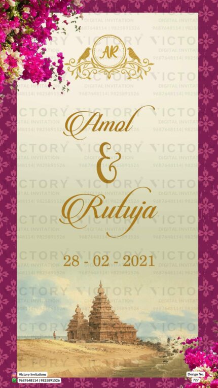 Enchanting Wedding E-Invite: A Pastel Grey Backdrop, Divine Temple Illustration, Charming Ganesha Motif, and Ornate Damask Frame, design no.727