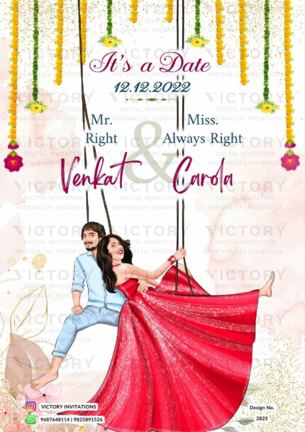 Water-colored Pink and Pastel Green Poppy Theme Indian Wedding Save the Date Invites with Festive Couple Doodles and Couple Caricature Illustration, Design no. 2825