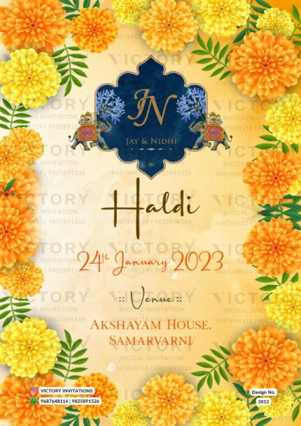 Mustard-Yellow and Navy Blue Traditional Whimsical Theme Indian Online Wedding Invitation Cards, Design no. 2812