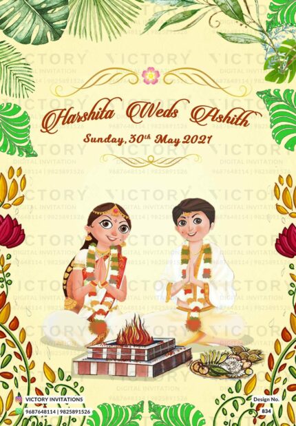 Wedding ceremony invitation card of hindu south indian kannada family in english language with artistic leaves theme design 834