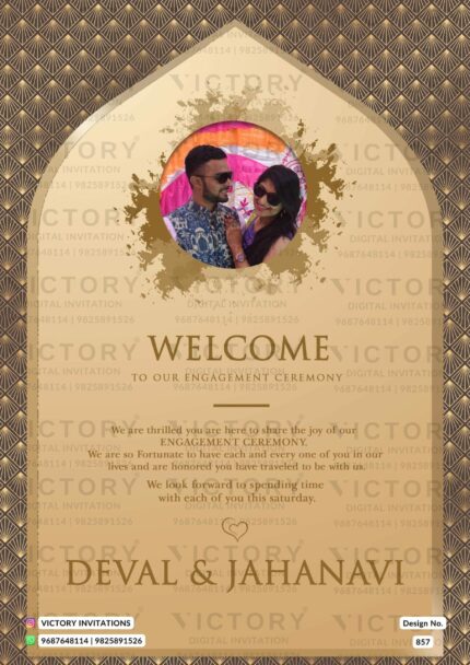 "Sophisticated Brown and Yellowish Orange Geometric Invitation with Golden Arch Frame and Couple's Image" Design no. 857