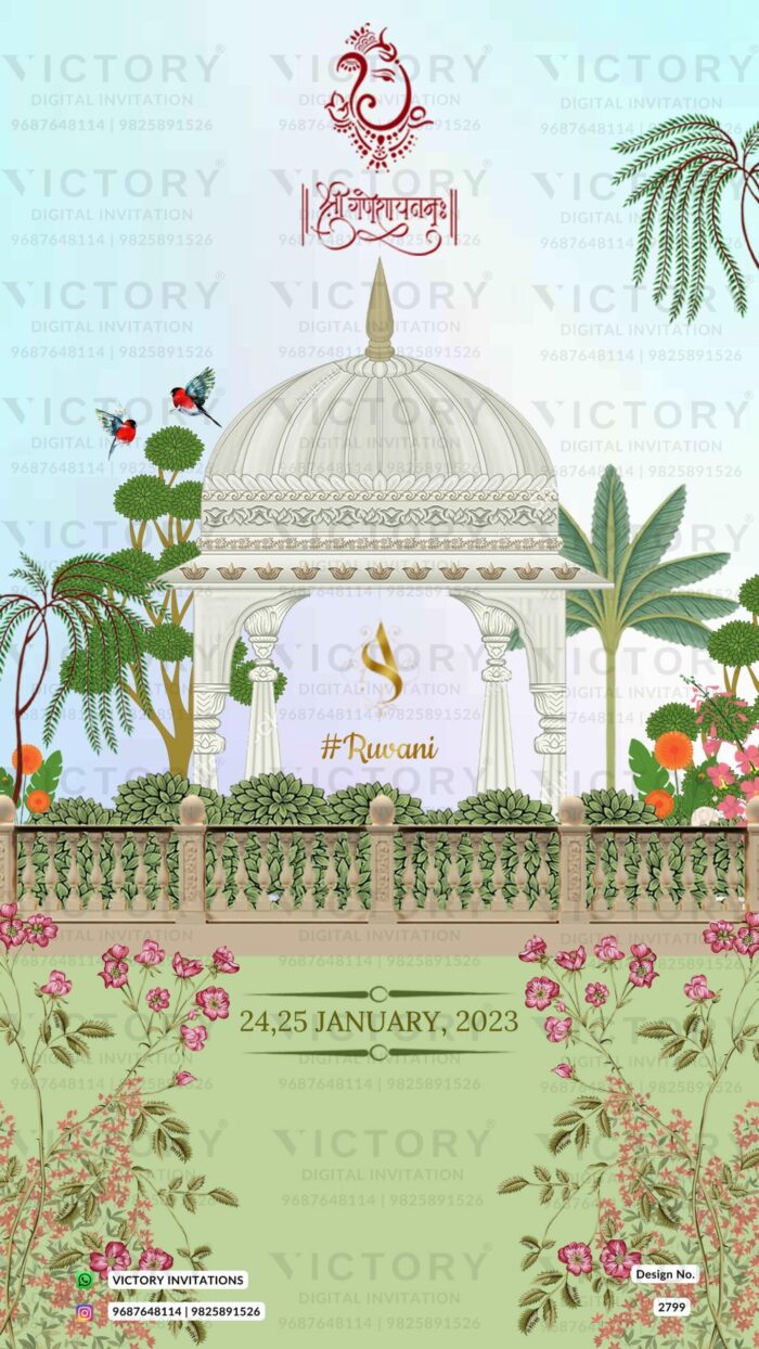 Pastel Green and Blue Vintage Regal Garden Theme Indian Wedding E-invitations with Festive Wedding Couple Illustrations, Design no. 2799