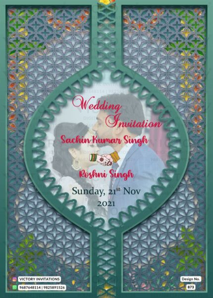 Wedding ceremony invitation card of hindu north indian bhojpuri family in English language with couple photo theme design 873