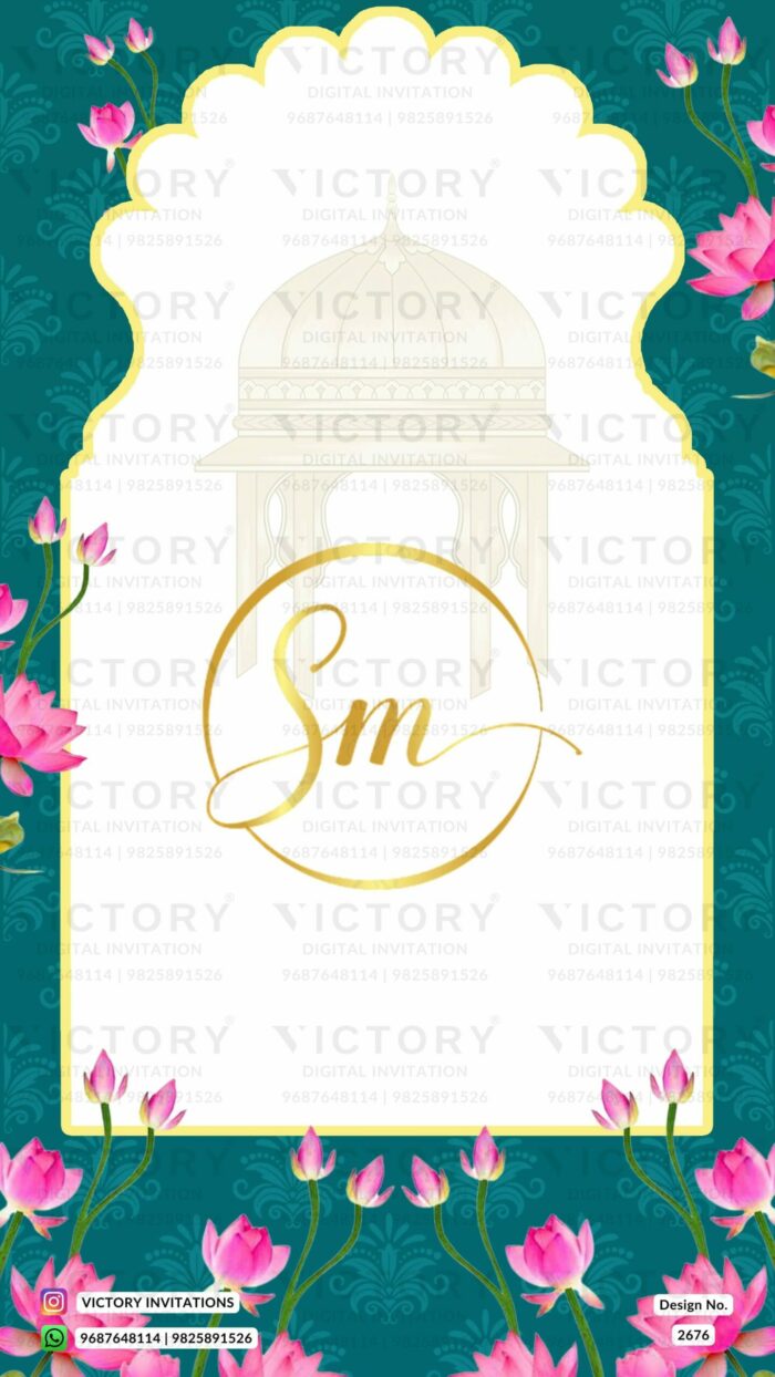 "An Enchanting Display of Elegance and Charm: Glowing Wedding Ceremony Digital Invitation Cards Featuring Peacock Blue Colour, Floral Texture, and Golden Arch Frame with Mughal Motif" Design no. 2676