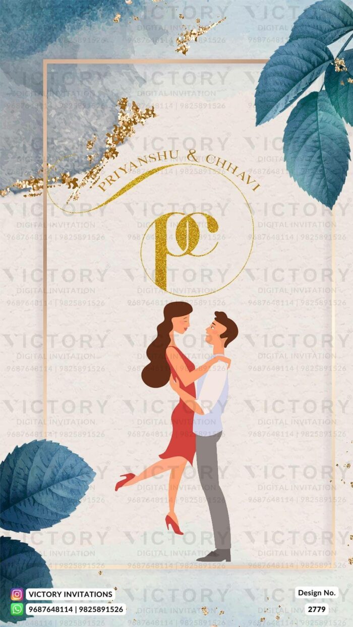 A Captivating Digital Wedding Invitation with Enchanting Couple Doodles, a Serene Background Awash in Radiant Hues, and Intricate Botanical Leaves. Design no. 2779