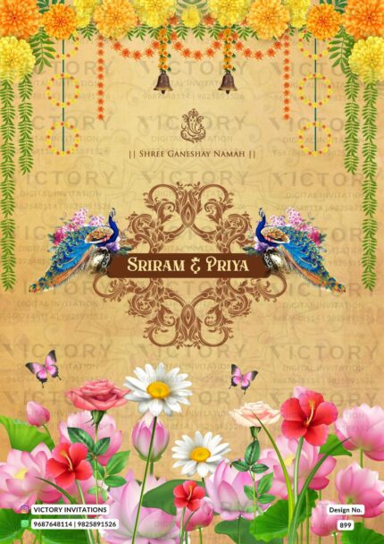 "Divine Brown and Vibrant Floral Wedding Invitation for the Union of Two Souls, Featuring Lord Ganesh Logo, Majestic Peacock, and Pink Lotus." design no. 899