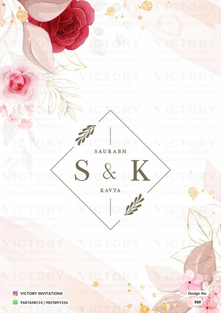 An Enchanting Wedding Invitation Embellished with Roses floral and Leafy Elegance, and Couple's Initials Logo on a Delicate Pink Watercolor Background, design no.909