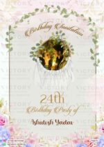 Indulge in Enchanting Delights with a Magical Birthday Invitation Boasting of Soft Pink Backdrop, Wooden Gate Designs, Vibrant Roses Floral Artistry, and the Picture of the Couple, design no.943