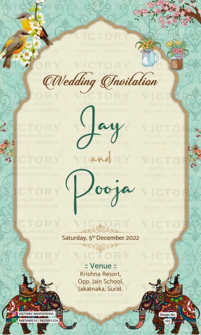 "A Vibrant Digital Wedding Invitation with a Vintage Peacock Doodle" Wedding Invitation card" Design no. 541