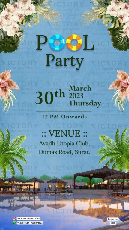 "Vibrant Digital Pool Party Invitation with Original Venue Image, Designed for a Family Celebration" Design no. 1072