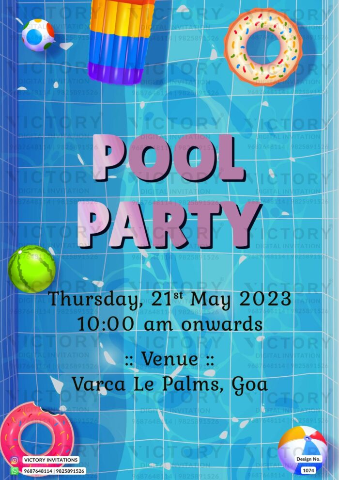 An Enchanting Digital Pool Party Invitation with a Fountain Blue Backdrop, Playful Swimming Pool Elements, design no.1074