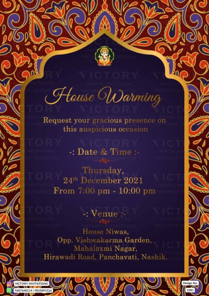 "Midnight Purple Backdrop with Intricate Geometric Patterns in Shades of Purple, Orange, and Yellow, Adorned with Lord Ganesha, for a Housewarming Invitation Card" Design no. 1081