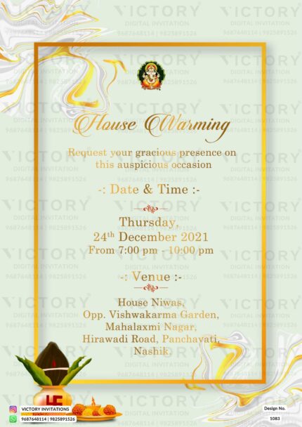 "A Housewarming Invitation with Intricate Golden Patterns and Divine Touch of Lord Ganesha on Chrome White Background" Design no. 1083