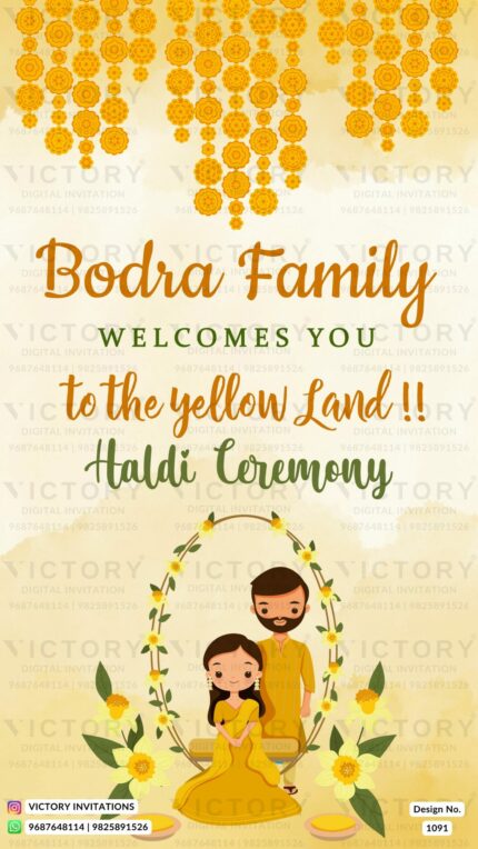 "Haldi Ceremony Standee with Rose White, Sandy Beach, and Saffron Mango Backgrounds with Marigold Garland and Intricate Haldi Couple Doodle on Yellow Flower Gate" Design no. 1091