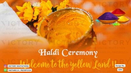 The Luminous Beauty of Haldi Standee Card Boasts an Enchanting Backdrop Adorned with Shades of Orange and Yellow, a Decorative Bowl for Haldi, and a Delicate Yellow Flowers design, design no.1094
