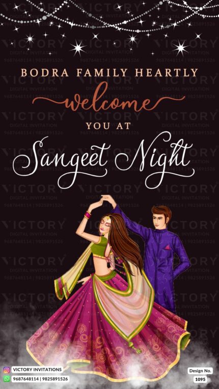 "Enchanting Sangeet Night Standee Featuring Doodle of the Couple on a Rich Reddish-Magenta Backdrop with Twinkling Stars, Decorative Lights, and Mysterious White Fog." Design no. 1095