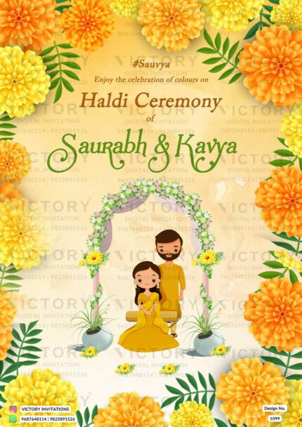 "Haldi Ceremony Standee Card with Traditional Attire, Marigold and Sunflower Decor, Couple Doodles on a Saffron Yellow and White Backdrop." Design no. 1099