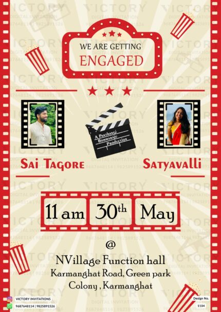 A Filmy-Themed Invitation Card with Chic White Rock and Merino Hues, Stunning Couple's Portraits in Striking Filmy Reel Frame Designs, design no.1104