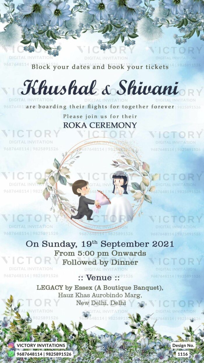 "A Captivating Roka Ceremony Card with Enchanting Bluish Grey Backdrop and Couple Doodle with Floral Embellishments" Design no. 1116