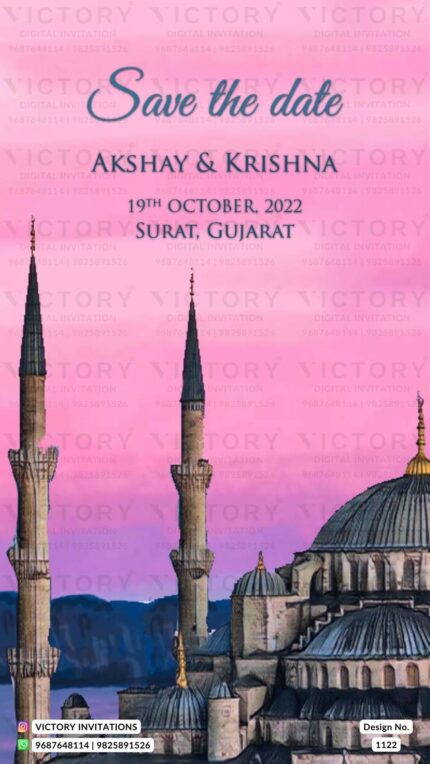 An Exquisite Blue Mosque Illustrated Save the Date Card in shades of Cotton Candy, Pink Pearl, and Lavender Backdrop, design no. 1122