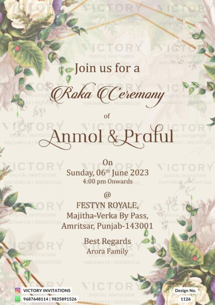 "Roka Ceremony Invitation with Soft Peach Backdrop, Golden Geometric Lines, Pastel Grey, Sage Green, Peach Puff Flowers, Lush Green Leaves." Design no. 1126