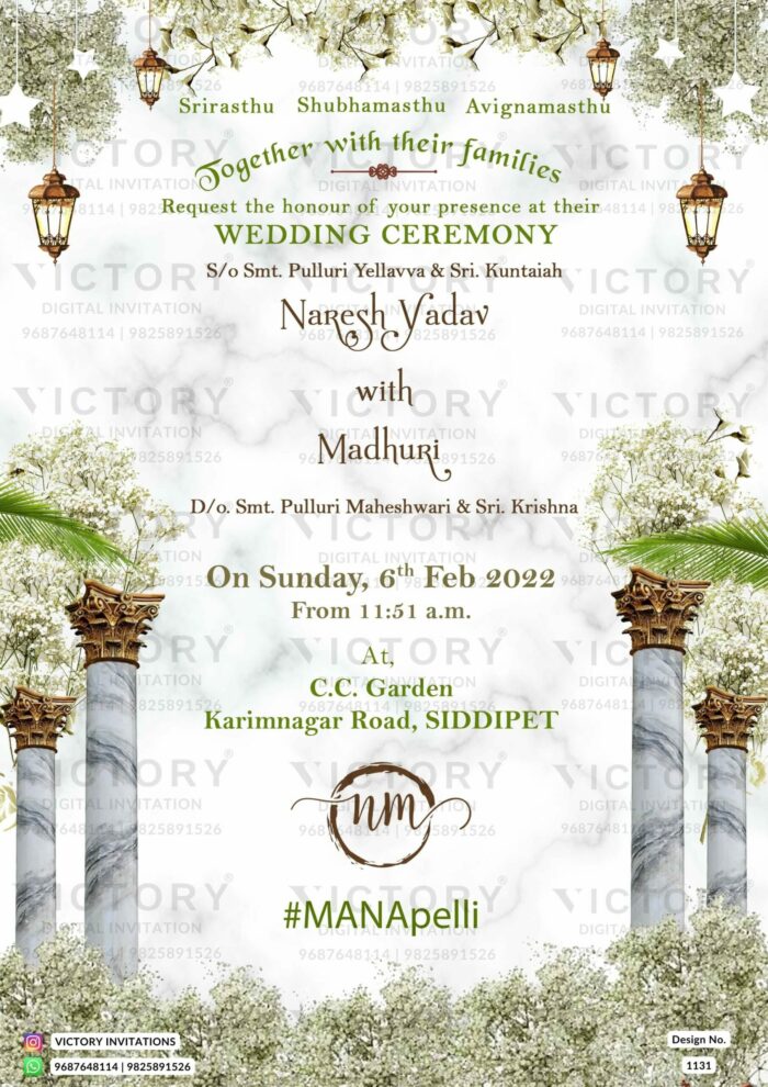 Wedding ceremony invitation card of hindu south indian telugu family in english language with floral theme design 1131