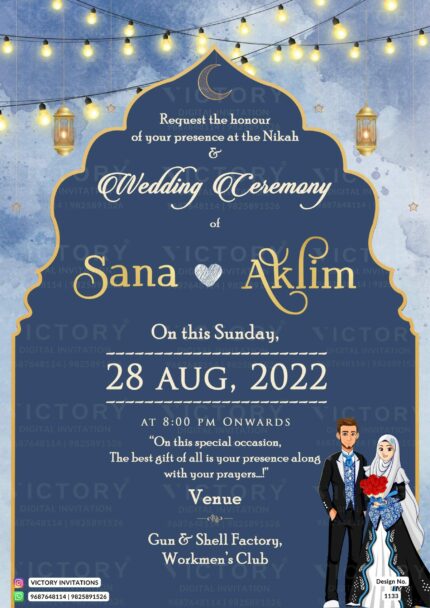 A Lavender Grey and Tealish Blue Nikah Invitation Adorned with a Golden Arch, Celestial Moon, and Doodle of the Enchanting Couple, design no.1133