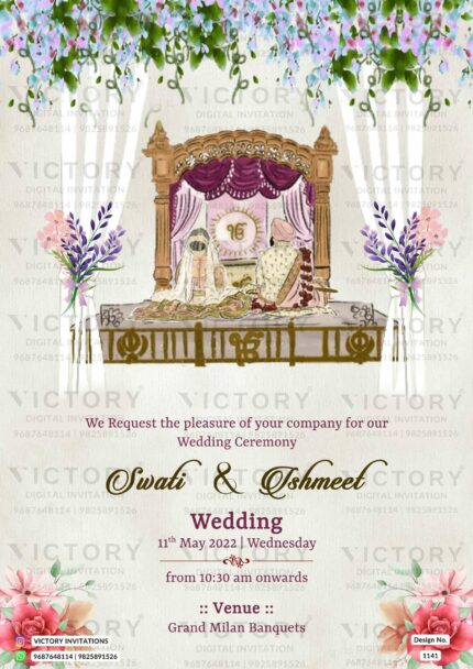 A Wedding Invitation Card with a Regal Gurudwara Palki, Couple Doodle, and Lush Floral Adornments on a Lavender Pinocchio backdrop, design no.1141