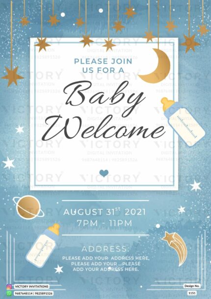 "A Baby Welcome Invitation Card with a Celestial Theme and Dreamy Color Scheme" Design no. 1151