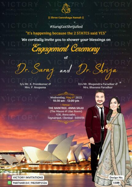 An Engagement Invitation with Sydney Opera House Iconography, Ganesha Motif, and Charming couple's Caricature on Sunset Shades backdrop, design no.1188