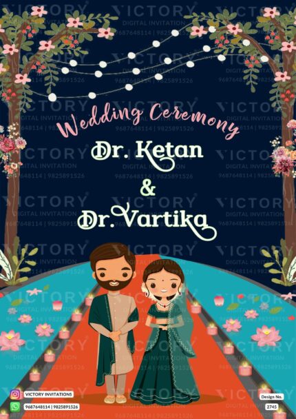 Dark Shaded and Gold Whimsical Theme Indian Electronic Wedding Save the Dates Invites with Classic Festive Couple Doodle Illustrations, Design no. 2745