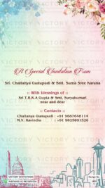 Gradient Blue and Pink Floral Theme Indian Wedding E-invites with Stunning Love Story Caricature and Location Illustrations