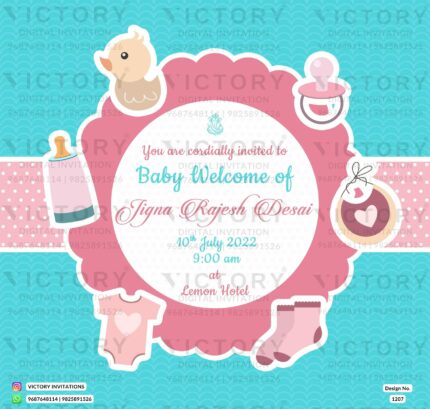 A Mesmerizing E-Baby Welcome Invitation in Soft Blue Hues, Embellished with a Blush Pink Ribbon Frame, Sacred Ganesha Motif, and an Enchanting Tapestry of Baby's Toy Delights, design no.1207