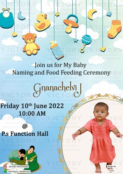 A Spectacular Naming ceremony Invite with Blizzard Blue Hues and Fluffy Clouds backdrop features Ceremony Doodles, and the Captivating Image of Baby, design no.1216