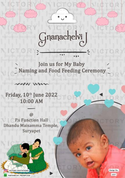 A Captivating Invitation to Naming Ceremony, Featuring Lavender Pinocchio Backdrop, Alluring Ceremony Doodles, Adorable Baby Girl's Image, and Ethereal Cloud Designs, design no.1217