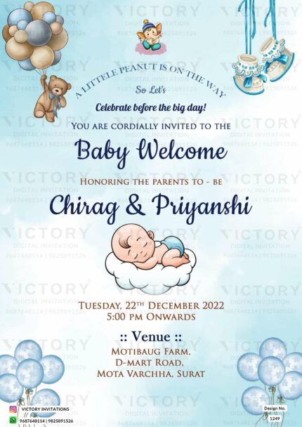 A Mesmerizing Baby Welcome Invitation adorned with Sky Blue Splashes, Divine Ganesha Motif, Serene Baby Doodle, and Whimsical Balloon Delights!, design no.1249