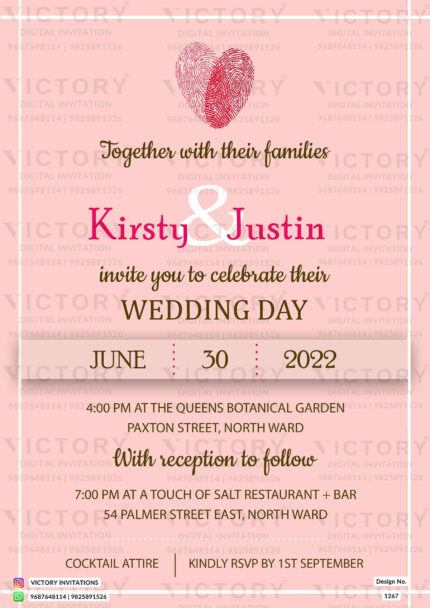 A Harmonious Wedding Invitation with a Pastel Pink backdrop, an ornate Frame, and a captivating red fingerprint heart vector, design no.1267