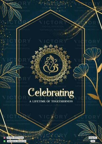 A stunning Anniversary Invite in Navy Splendor, Embellished with Gilded Frames, a Captivating Couple Portrait, a Ganesha Motif, and Golden Botanical Flourishes, design no.1302